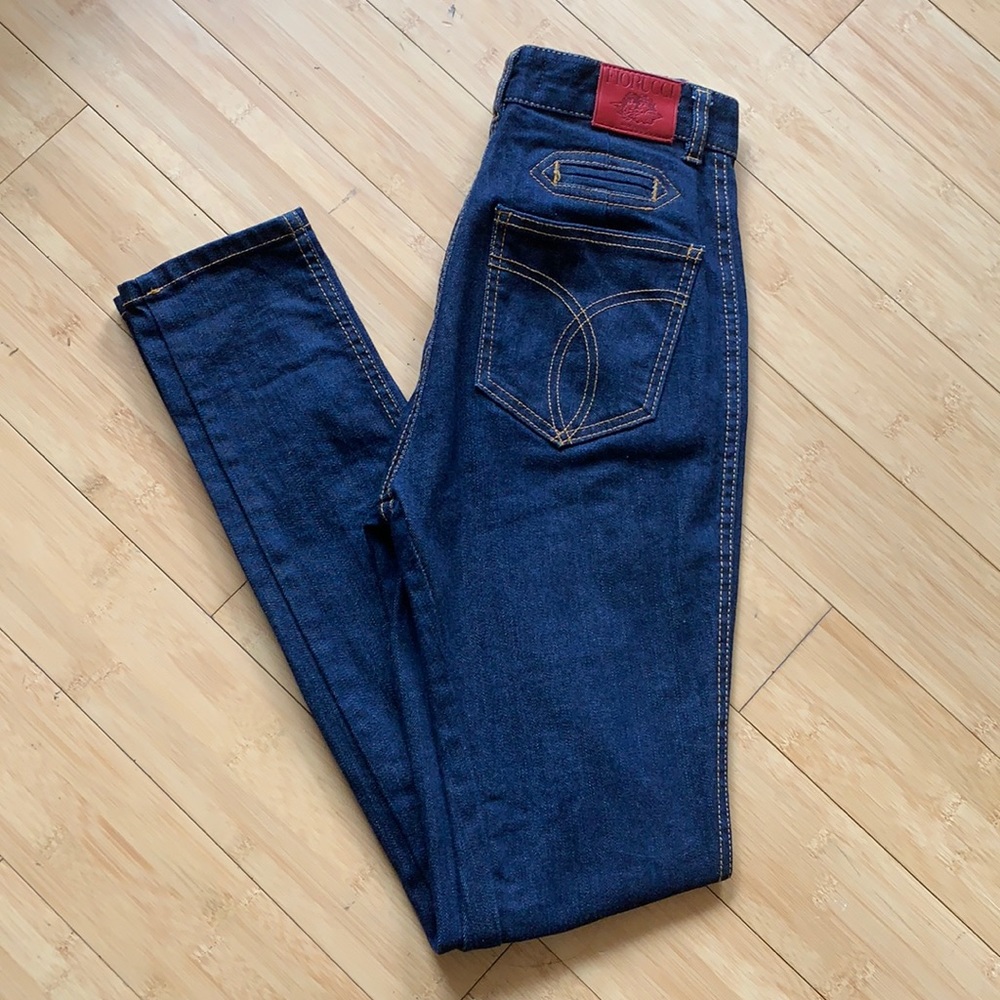 Fiorucci high waist dark blue denim jeans in a size 26